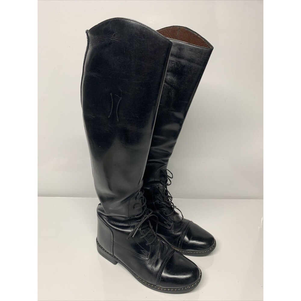 VTG Leather 17" Tall Black Equestrian Laced Riding Boots Women's SZ 6.5 S Slim